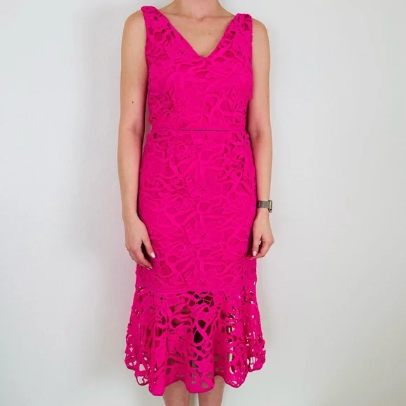 Alexia Admor Floral Lace V-neck Peplum Hem Eyelet Pink Midi Dress - Picture 6 of 14